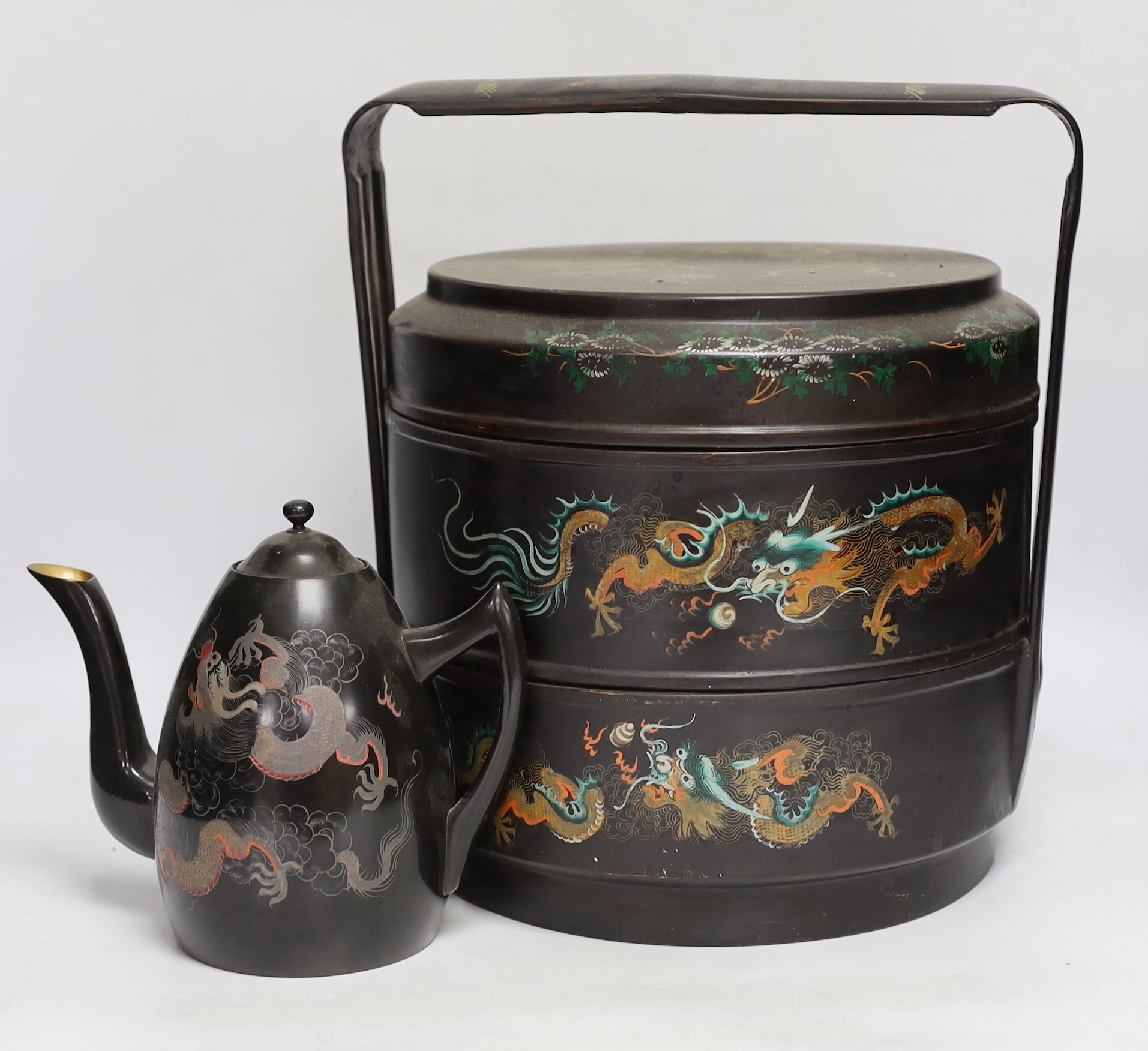 A Chinese Fuzhou 'dragon' wedding basket, 31cm high, together with a similar teaset